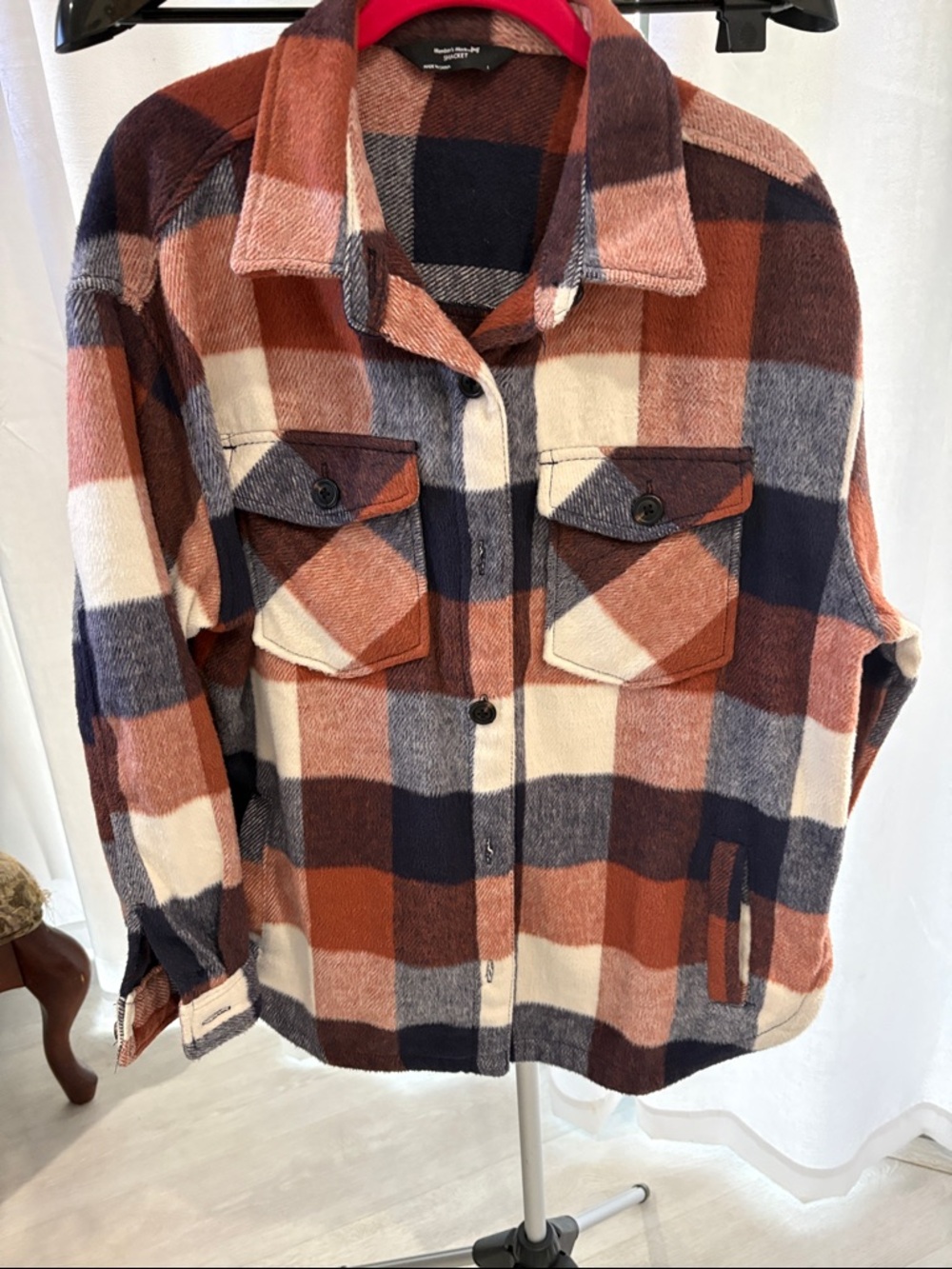Plaid Pea Coat Jacket in Rust, Navy & Cream